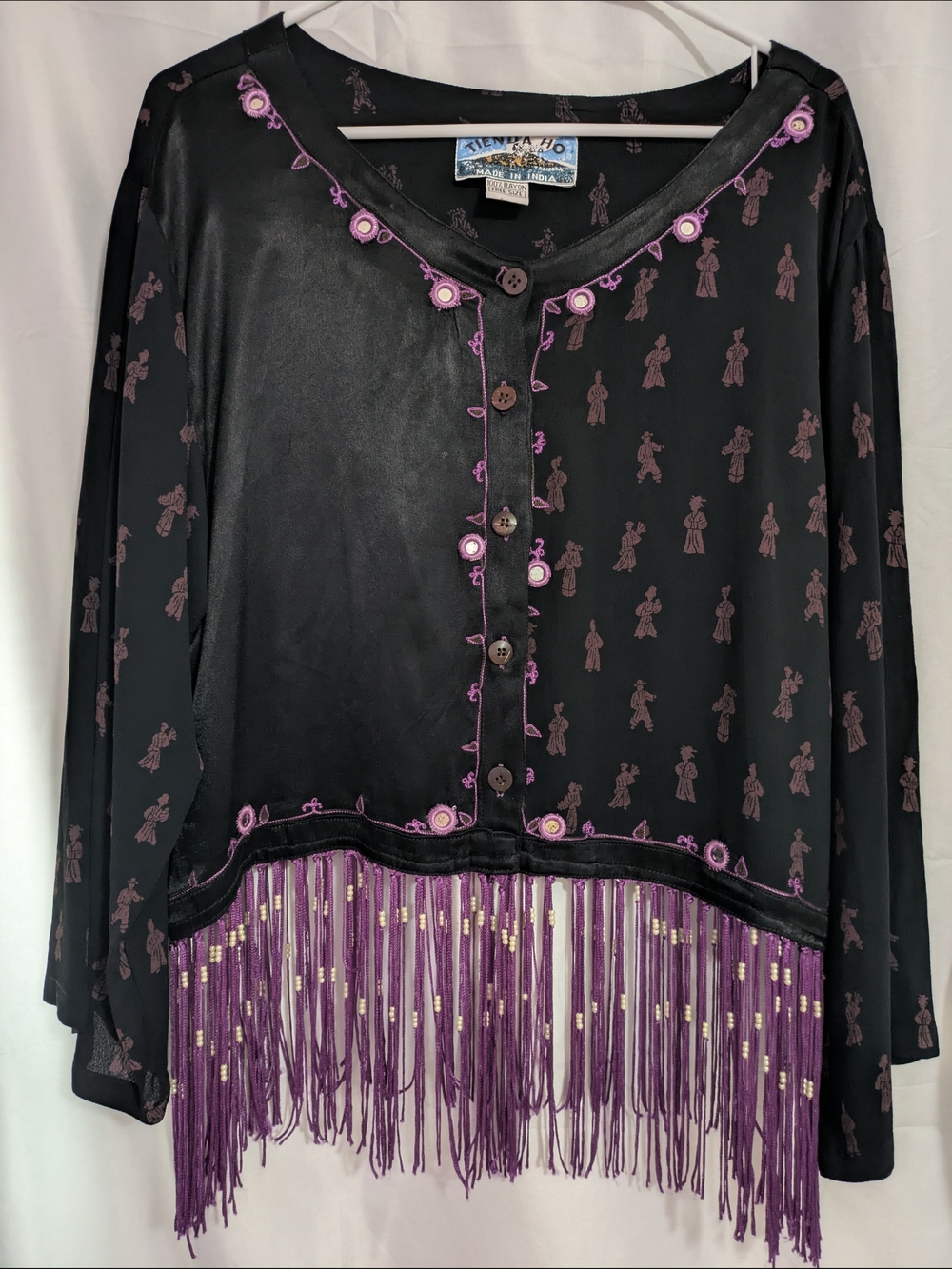 Vintage Tienda Ho Boho Fringe Mirror Work Top | Whimsigoth Rayon Tunic Free Size